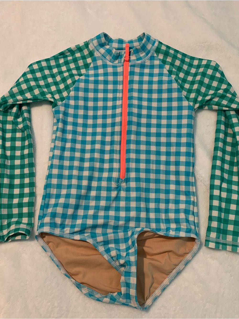 Crewcuts Kids Gingham Long Sleeve One-Piece Swimsuit — Blue, Green & Coral Zip